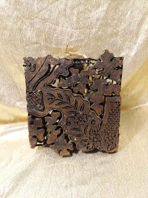 Antique Copper Tjap Batik Silk Fabric Stamp Flowers Vines Textile 5" Metal Press