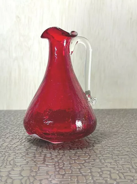 Vintage Ruby Red Crackle Glass Miniature Vase/Pitcher, Handle Hand Blown