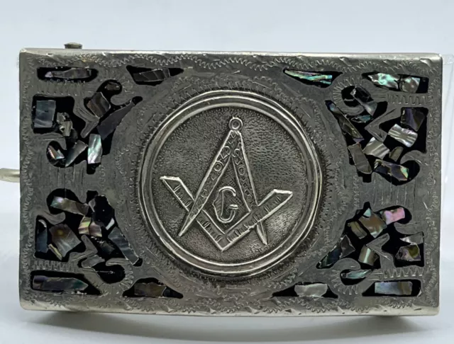 Mexican Alpaca Silver and Abalone Shell Belt Buckle Freemason Square Marked