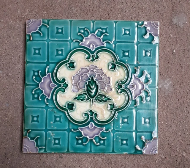 Rare Vintage  Skyblue Flowers Ceramic Tile Porcelaine Vintage Art Made In Japan