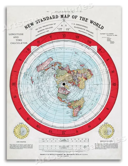 Flat Earth Map of the World - 1892 Alexander Gleason -Wall Map Art Print - 20x28