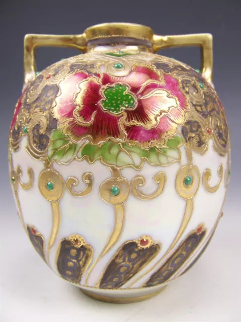 Exquisite Nippon Gold Hand Painted Jewels Vase Maple Leaf Mark