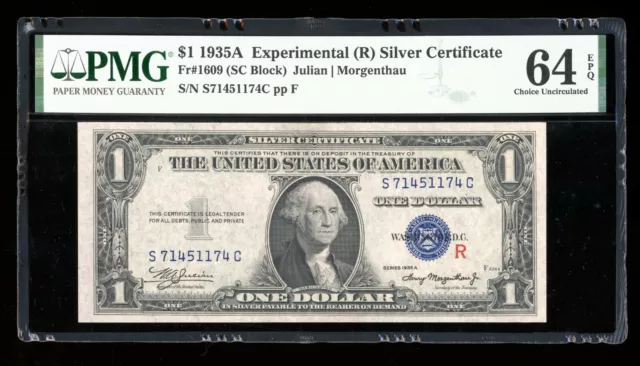 DBR 1935-A $1 Silver Experimental (R) Fr. 1609 PMG 64 EPQ Serial S71451174C