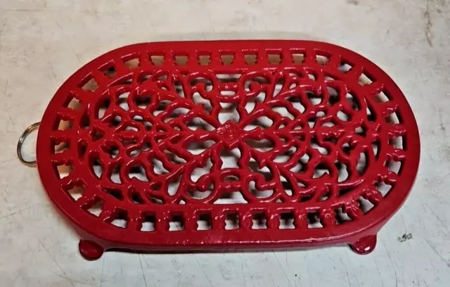 Vintage Cast Iron Red Enamel Footed Trivet or Wall Décor