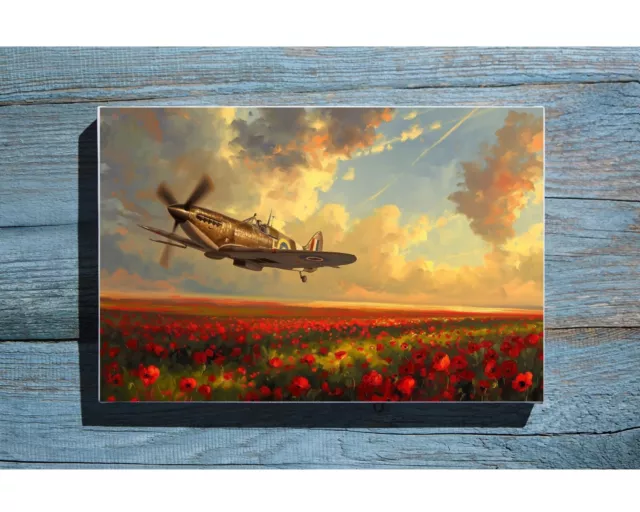 Spitfire A4 Canvas WW2 RAF Plane Poppy Fields - 8"x12" Wall Art Digital Painting