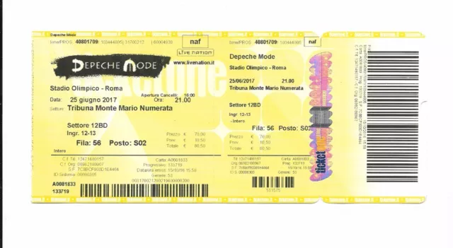Biglietto Concerto Depeche Mode 25 Giugno 2017 Stadio Olimpico Roma - Integro