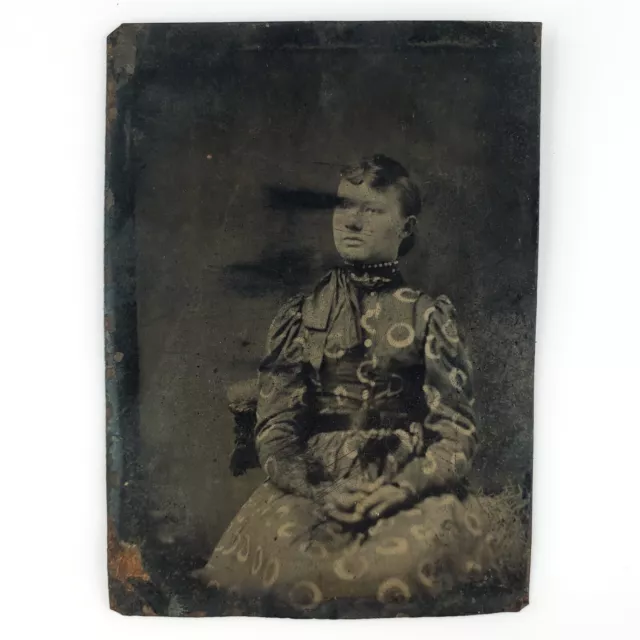 Scratched Circle Dress Woman Tintype c1870 Antique 1/6 Plate Lady Photo D1419