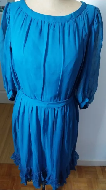 Ravissante robe vintage T38 CARVEN en mousseline de soie bleu canard doublée