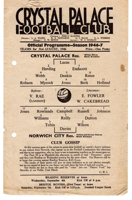 Programme Football Ancien : Tottenham Hotspur Vs Norwich City Réserves – Saison 1954/1955