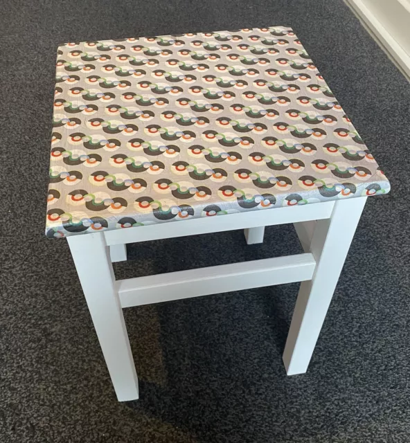 Upcycled Square Stool / Coffee Table - White With Decoupage Top, Endless Rhythm