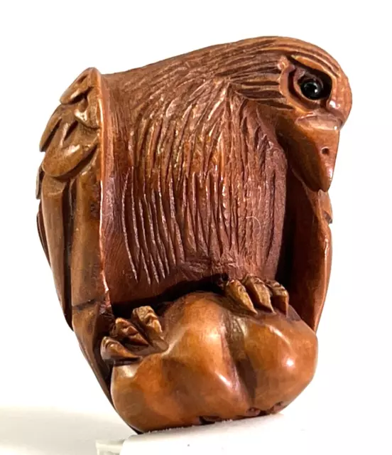 Japanese Netsuke Perched Hawk Hand Carved Boxwood 1” Bead Signed 石川 Ishikawa