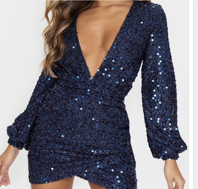 pretty little thing plunge long sleeve bodycon dress  size 12