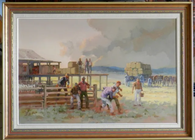 Bob Booth (1927-2003) Large Original Oil Painting Shearers Campo Santo Barraba