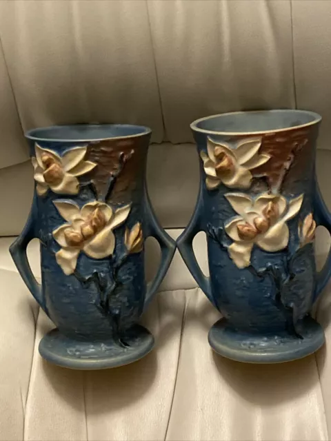 Roseville Pottery 89-7 Vase Magnolia Blue Footed Two Handle Vase (2) Matching