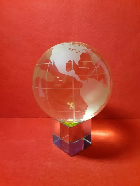 Etched Crystal Glass World Globe Planet Earth Reflective Square Base Decor