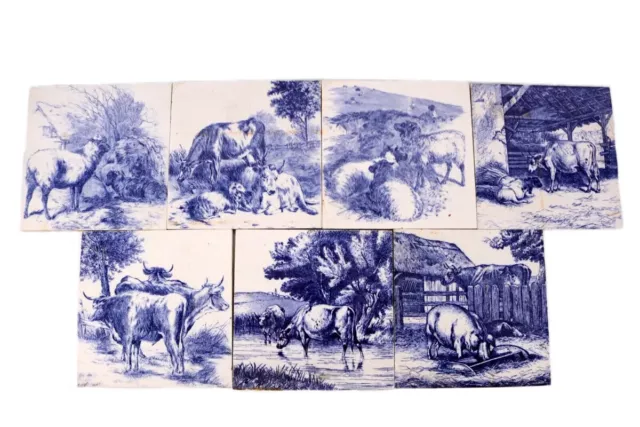 Antique Minton Tile Set William Wise Farmyards Cow Cattle Sheep Horse Bull C1880