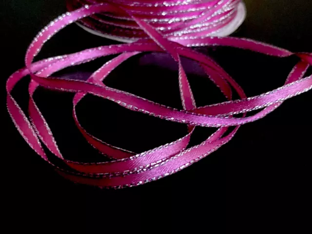 3mm Satin Ribbon Pink with Silver Metallic Edge x10m Double Sides - Free Postage 2