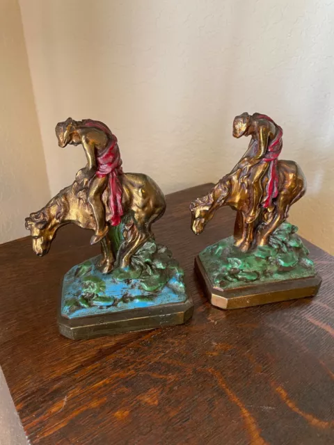 Original Ronson American Indian End Of The Trail Bookends By Fraser  Polychrome