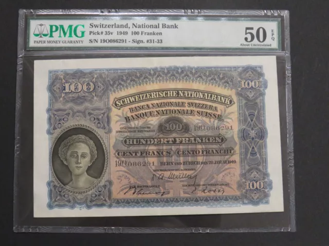 Switzerland 1949 100 Franken 100 Francs Banknote Pick# 35v (32) PMG 50 AUNC EPQ