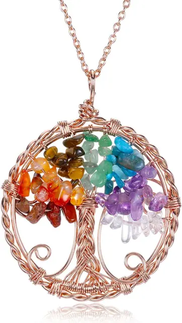 7 Chakra Healing Crystal Necklace Tree of Life Wire Wrapped Pendant Necklaces R
