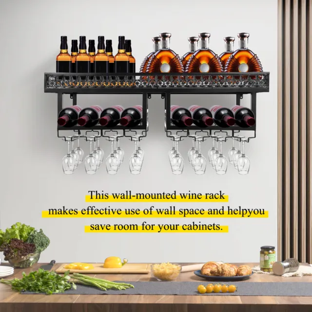 2 Tier Wall Mounted Wine Glass Rack, Metal Holder Stemware Storage Hanging Shelf