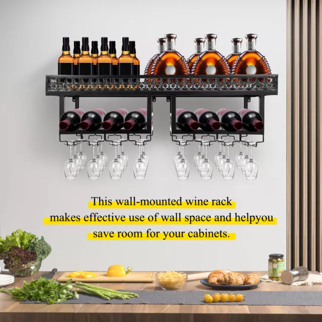 2 Tier Wall Mounted Wine Glass Rack, Metal Holder Stemware Storage Hanging Shelf