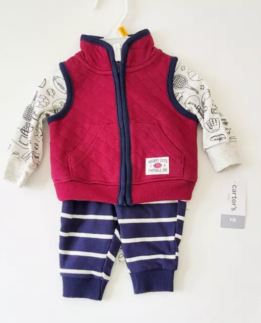 Carter's Baby Boys 3 Pc Quilted Vest, Sports Print Bodysuit & Striped Pants NB