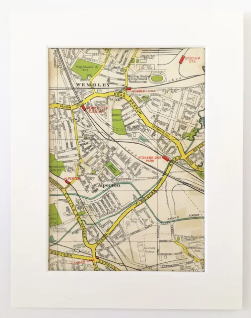 Antique 1940s London Map - Mounted - Colour - WEMBLEY, ALPERTON