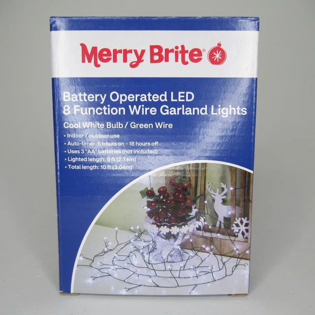 LED Wire Garland Lights 8 Function Battery Operated Cool White Green Wire 10ft