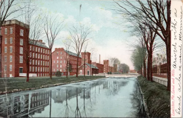 Lewiston ME Canal and Bates Textile Factory Mill from Cedar St. Maine Postcard