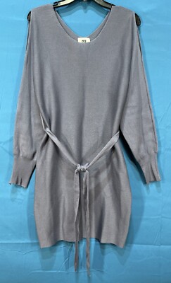 VICKY & LUCAS Slate RIB KNIT Slit Long Sleeve BELTED Mid-Weight SWEATER DRESS M