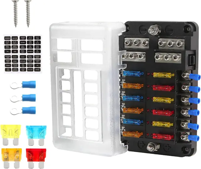 12 Way Fuse Block Waterproof Marine Fuse Holders with Positive & Negative Bus fo