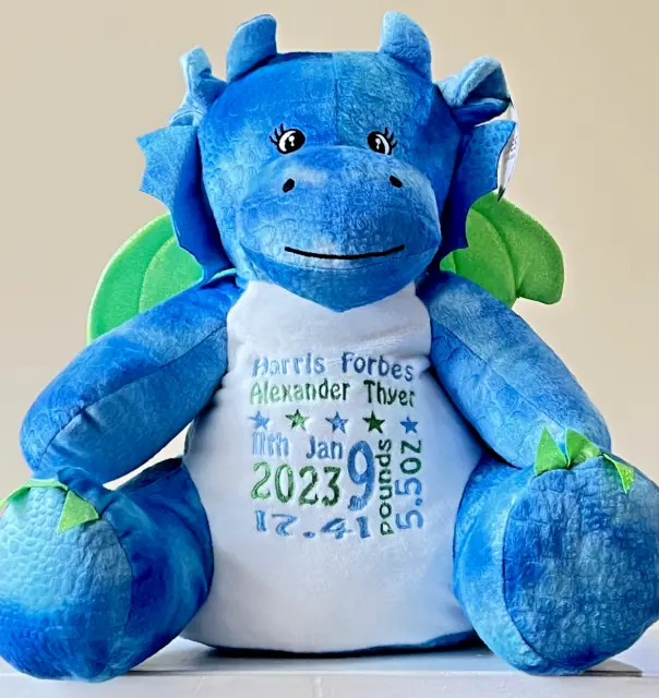 Personalised Large Plush Blue Dragon Teddy Bear Baby Birth Details Memory Gift