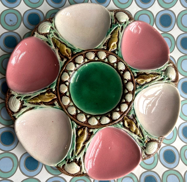 antique Majolica Minton OYSTER PLATE pink green seaweed Victorian vtg English