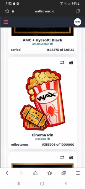 WaxPins Cinema Pin NFT - Limited! MINT #982949 Wax Wallet delivery only