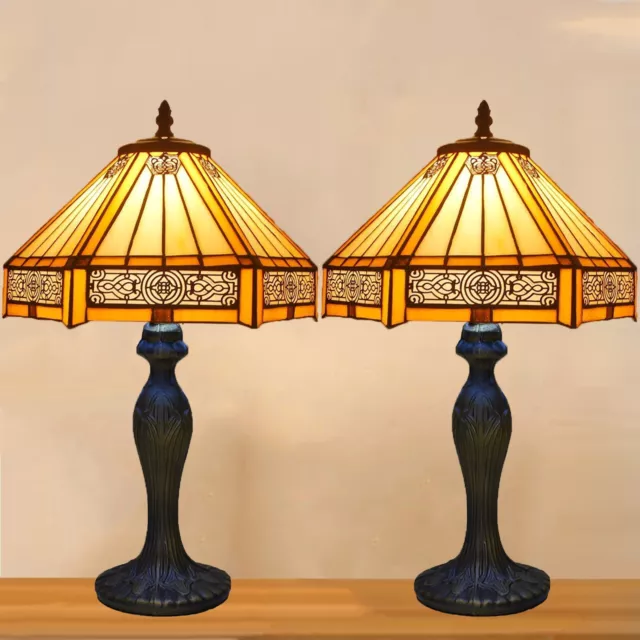 Pair of Yellow Hexagon Mission Style Tiffany Table/Desk Lamps D10"H18" Bedside