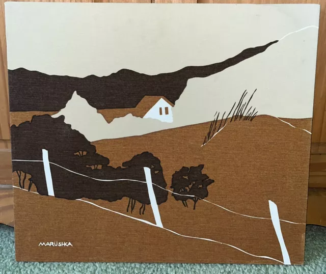 Vintage 1970s Marushka Canvas Screen Print Wall Art Brown Hills House Barn