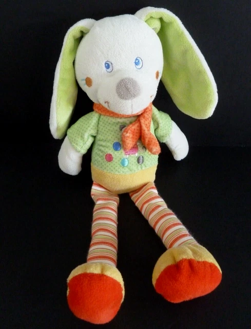 *. DOUDOU PELUCHE MOTS D'ENFANTS LAPIN JAUNE VERT ECHARPE ORANGE 31cm - TBE