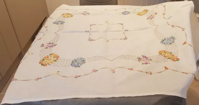 Vintage Hand Embroidered Linen Tablecloth Floral