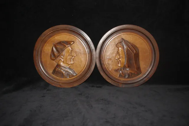 pair 2 French art deco folk art wood hand carved plate breton 1930 artist signed