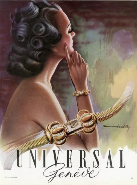 "UNIVERSAL GENEVE"Annonce originale entoilée PLAISIR DE FRANCE 1948 CHAMBELLAN  