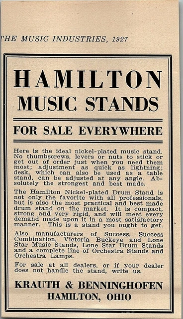 1927 Hamilton Music Stands Krauth & Benninghofen Vintage Advertisment 31-154