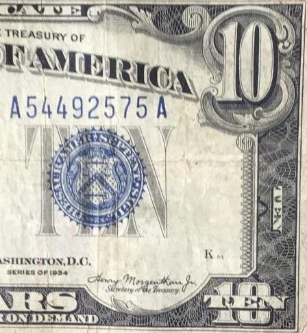 1934 $10 "Blue TEN" SILVER Certificate X2575! Paper Money Currency! FINE!