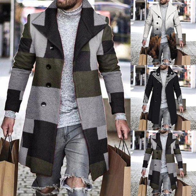 Mens Winter Trench Coat Long Jacket Lapel Neck Outwear Single Breasted Overcoat
