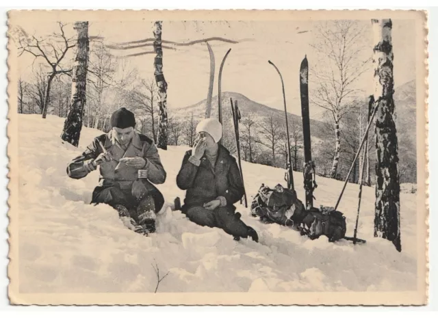 Amoureux Pique-Nique Neige Photo Carte Postale D'Époque - Message D'Amour Rétro