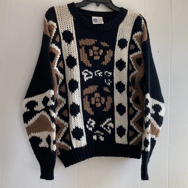 VTG 80's Extra Touch Black Icelandic Fair Isle Print Slouchy Grandpa Sweater 38