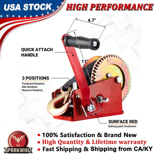 3500LBS Trailer Boat Hand Winch Hand Crank 2 Gear Nylon Strap Heavy Duty ATV