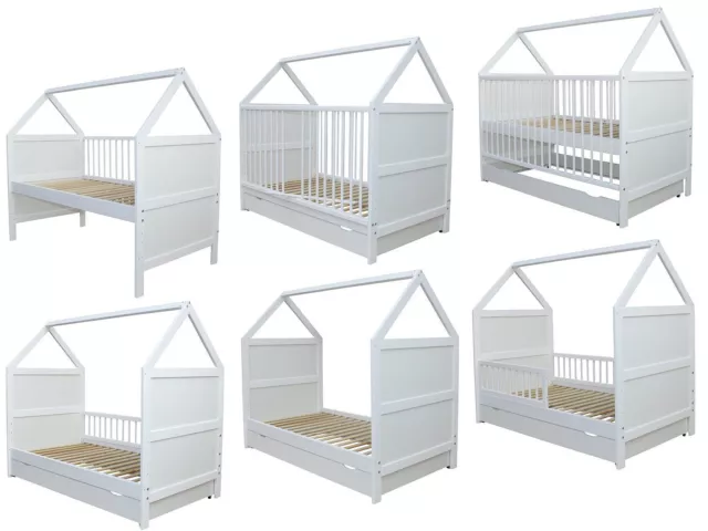 Babybett Kinderbett Juniorbett Bett Haus 140x70cm mit Schublade weiss 0 bis 6 J.