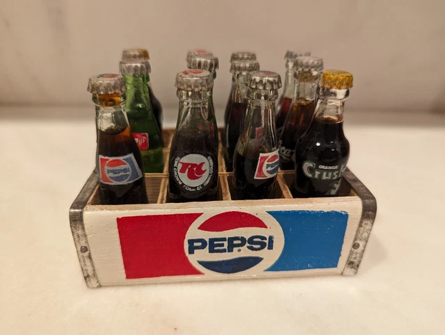 12 VTG PEPSI Wood Crate Mini Glass Soda Bottles 3" 7Up RC Coca Cola