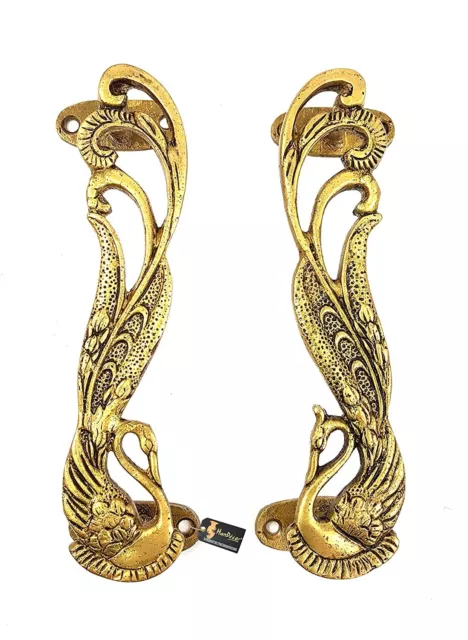 Peacock Design 7 Inches Handmade Brass Door Handle Pair Antique Yellow 7''